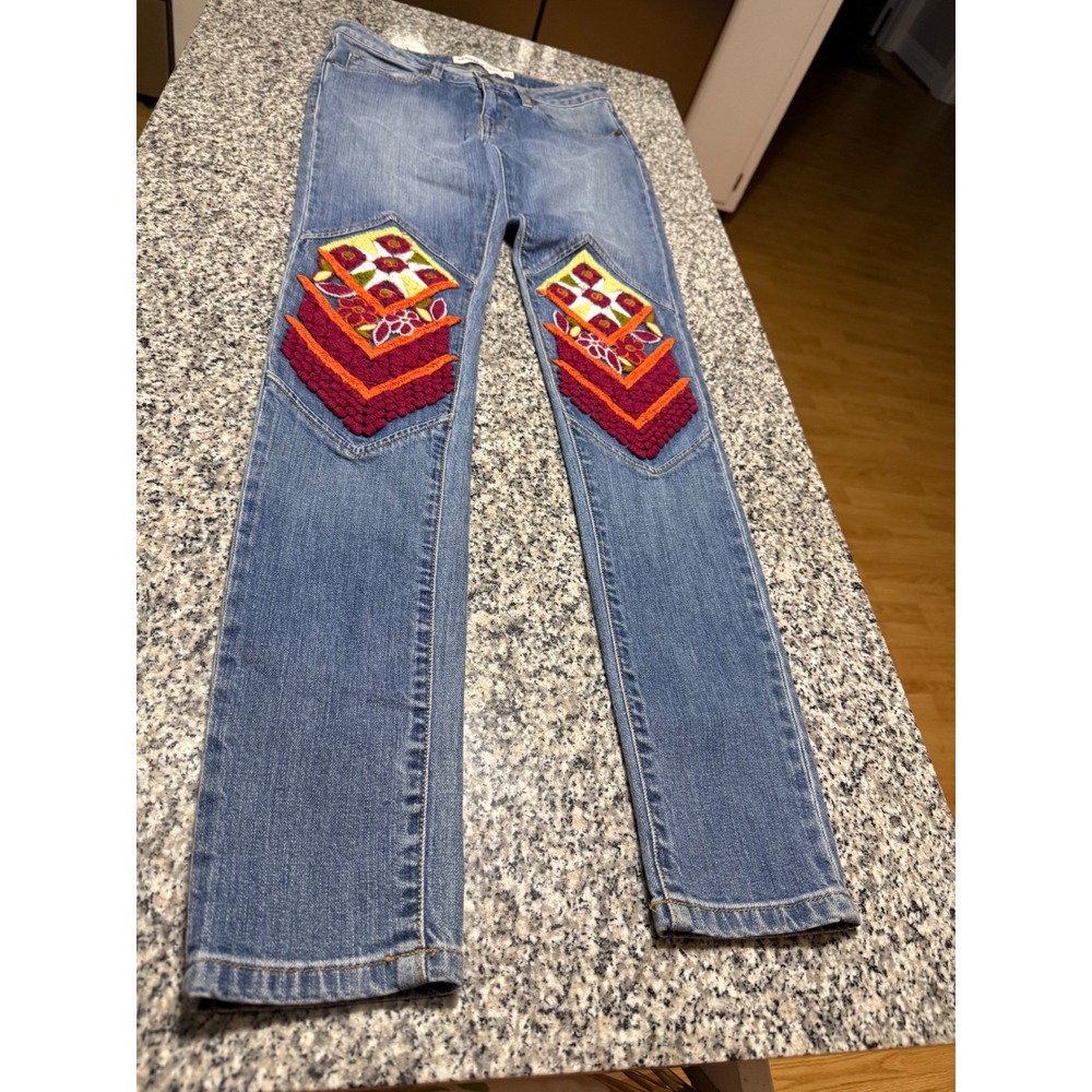 Artisan De Luxe Jeans Womens 26 Blue Good Embroidered Knee Patch Straight Leg